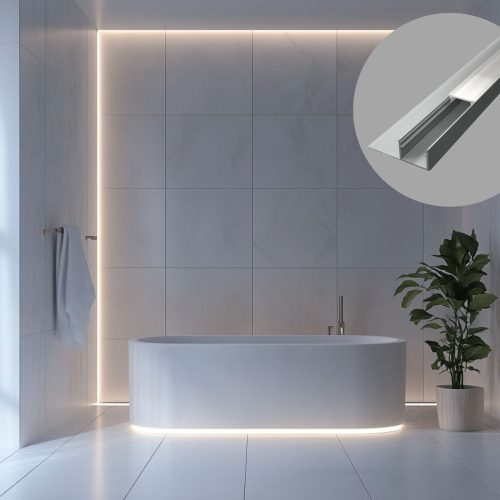 Ezüst színű alumínium LED profil csempe és járólap burkolatba, opál fedővel (2 méter)