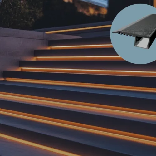 STAIRS alumínium LED profil lépcsőélre szerelve, lefelé irányuló biztonsági fénnyel, fekete szín