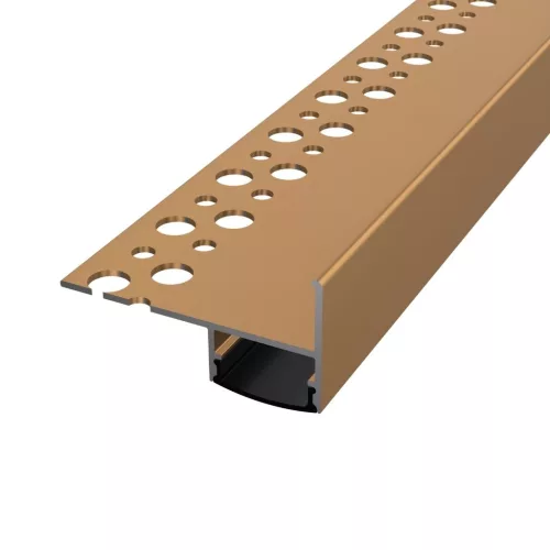 TILE-EDGE lépcsőprofil beépítési rajza: a rögzítőszár a csemperagasztóban, a LED lefelé világít, bronz színben