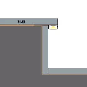 TILE-EDGE lépcsőprofil beépítési rajza: a rögzítőszár a csemperagasztóban, a LED lefelé világít, Fekete színben