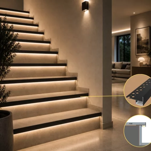 TILE-EDGE lépcsőprofil beépítési rajza: a rögzítőszár a csemperagasztóban, a LED lefelé világít, Fekete színben