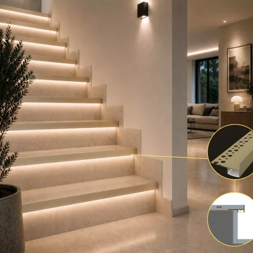 TILE-EDGE lépcsőprofil beépítési rajza: a rögzítőszár a csemperagasztóban, a LED lefelé világít, pezsgő színben