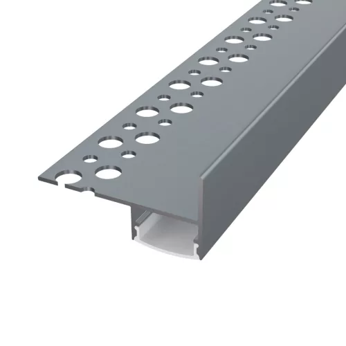 TILE-EDGE lépcsőprofil beépítési rajza: a rögzítőszár a csemperagasztóban, a LED lefelé világít, szürke színben