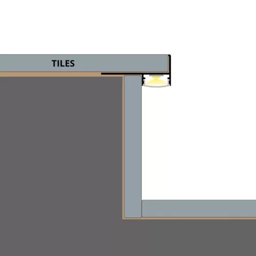 TILE-EDGE lépcsőprofil beépítési rajza: a rögzítőszár a csemperagasztóban, a LED lefelé világít