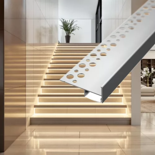 TILE-EDGE lépcsőprofil beépítési rajza: a rögzítőszár a csemperagasztóban, a LED lefelé világít
