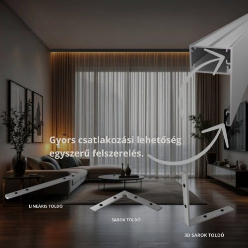 Eloxált alumínium (ezüst) DECO LINE karnistakaró LED profil mennyezetre szerelve, opál fedéllel, modern függönyvilágításhoz.