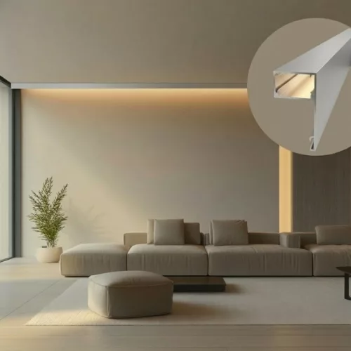 Eloxált alumínium (ezüst) DECO LINE karnistakaró LED profil mennyezetre szerelve, opál fedéllel, modern függönyvilágításhoz.