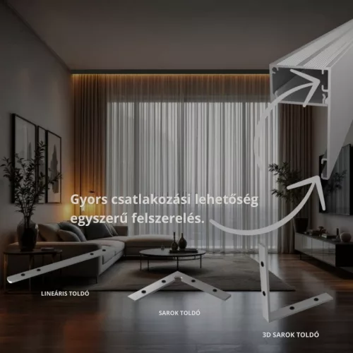 Eloxált alumínium (ezüst) DECO LINE karnistakaró LED profil mennyezetre szerelve, opál fedéllel, modern függönyvilágításhoz.