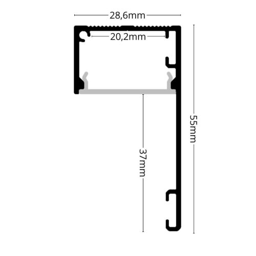 Eloxált alumínium (ezüst) DECO LINE karnistakaró LED profil mennyezetre szerelve, opál fedéllel, modern függönyvilágításhoz.