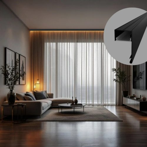 Fekete DECO LINE karnistakaró LED profil mennyezetre szerelve, opál fedéllel, modern loft stílusú függönyvilágításhoz.