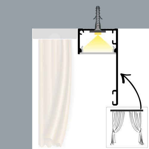 Fekete DECO LINE karnistakaró LED profil mennyezetre szerelve, opál fedéllel, modern loft stílusú függönyvilágításhoz.