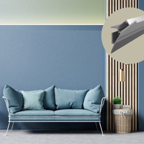 Modern nappali falra szerelt, glettelt rejtett világítással, vésés nélkül kialakítva