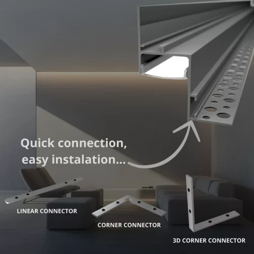 WALL-GLOW ezüst alumínium LED profil gipszkarton mennyezet rejtett világításához és lebegő hatás kialakításához