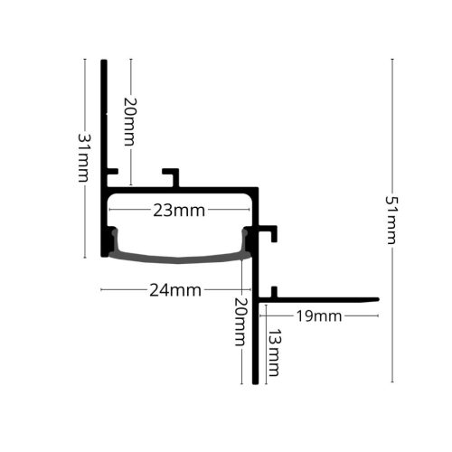 Nappali erős fővilágítással, WALL-GLOW FULL széles profillal és dupla LED szalaggal kialakítva