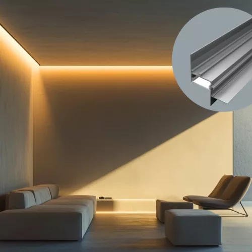 Nappali erős fővilágítással, WALL-GLOW FULL széles profillal és dupla LED szalaggal kialakítva, fehér színű
