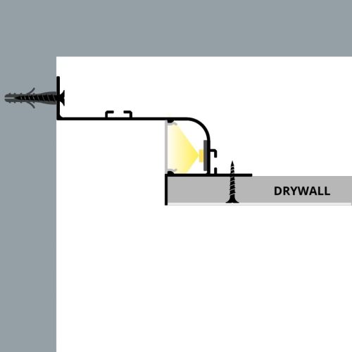 Modern nappali lebegő mennyezettel és peremvilágítással, WALL-GLOW MAXI profillal kialakítva