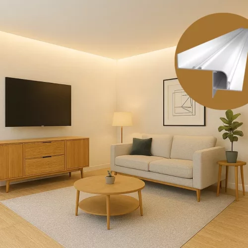 Modern nappali lebegő mennyezettel és peremvilágítással, WALL-GLOW MAXI profillal kialakítva