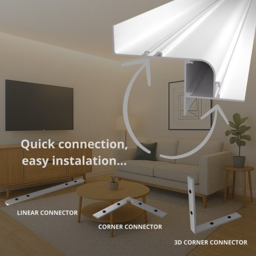 Modern nappali lebegő mennyezettel és peremvilágítással, WALL-GLOW MAXI profillal kialakítva