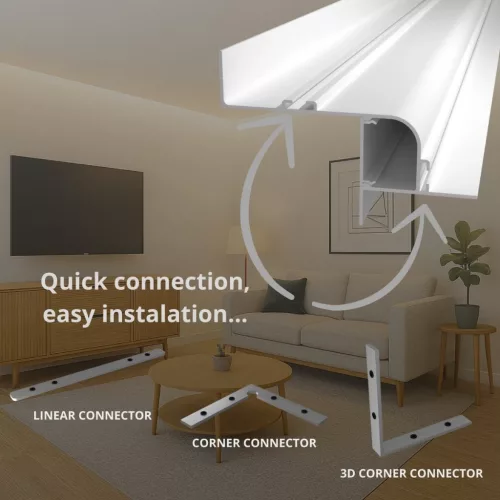 Modern nappali lebegő mennyezettel és peremvilágítással, WALL-GLOW MAXI profillal kialakítva