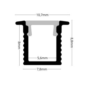 2 méteres SLIM (vékony) beépíthető alumínium LED profil bútorokba és gipszkartonba süllyesztéshez, fekete burával.