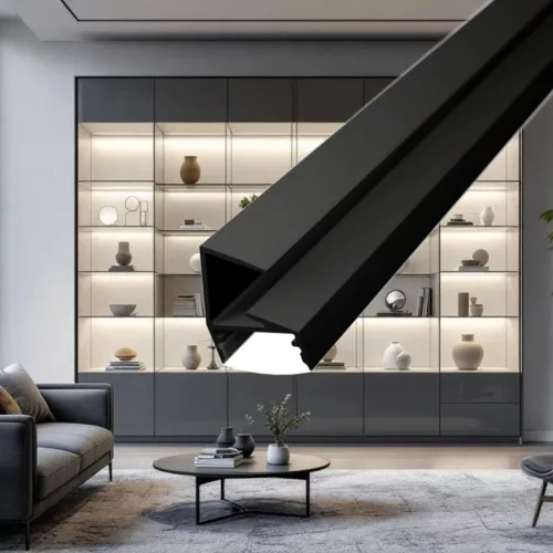 Fekete színű GLASS SHELF LED profil 8mm-es üvegpolcra szerelve