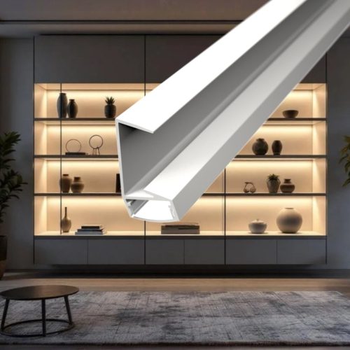 Fehér színű WOODEN SHELF LED profil 18mm-es fehér bútorlap élére szerelve
