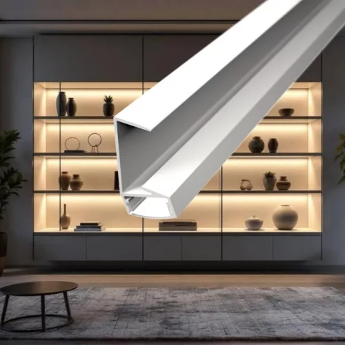 Fehér színű WOODEN SHELF LED profil 18mm-es fehér bútorlap élére szerelve