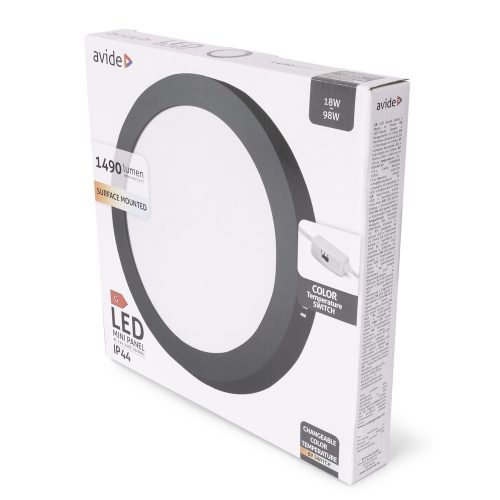 Avide LED Mennyezeti Lámpa 18W, CCT Kapcsolóval, Alumínium, IP44, Fekete