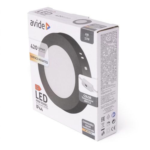 Avide LED Mennyezeti Lámpa 6W, CCT Kapcsolóval, Alumínium, IP44, Fekete