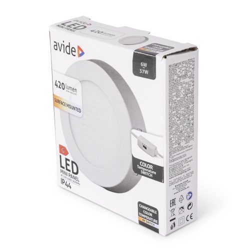 Avide LED Mennyezeti Lámpa 6W, CCT Kapcsolóval, Alumínium, IP44, Fehér