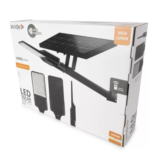 vide 50W-os LED szolár utcai lámpa 4000K semleges fehér fénnyel, beépített 30W-os napelem panellel, 30000mAh LiFePO4 akkumulátorral, IP65 védettséggel és távirányítóval