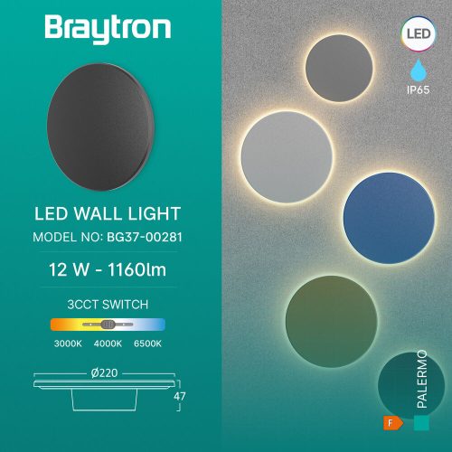 PALERMO modern, fekete, IP65 vízálló fali lámpa "halo" effektussal és CCT fehér fénnyel 12W 22cm