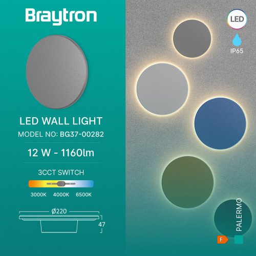 PALERMO modern, szürke, IP65 vízálló fali lámpa "halo" effektussal és CCT fehér fénnyel 12W 22cm