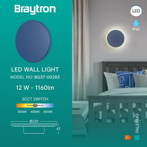 PALERMO modern, kék színű, IP65 vízálló fali lámpa "halo" effektussal és CCT fehér fénnyel 12W