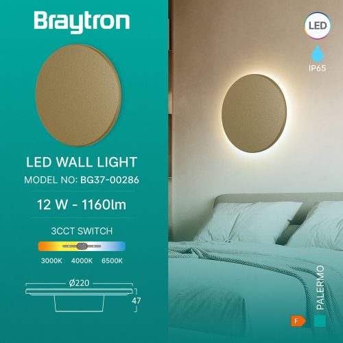 PALERMO modern, arany színű, IP65 vízálló fali lámpa "halo" effektussal és CCT fehér fénnyel 12W