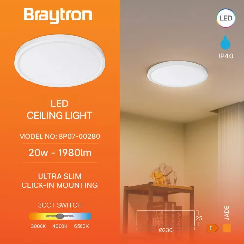 Braytron JADE 20W ultra slim kerek LED mennyezeti lámpa, 3in1 CCT színhőmérséklet mikrokapcsolóval állítható, IP40 porvédelemmel.