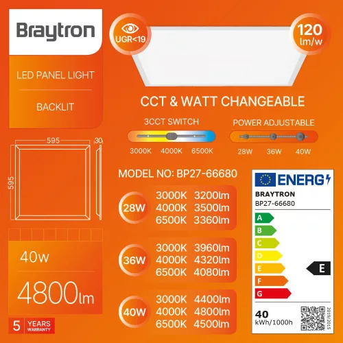 Braytron 60x60 cm-es LED panel állítható teljesítménnyel és színnel, fehér kerettel