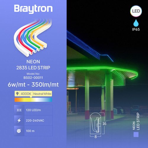 Neon Flex LED szalag 220V 6W/m Természetes fehér 4000K 350lm/m 8x16mm - Braytron