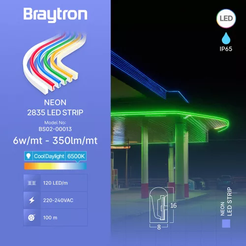 Neon Flex LED szalag 220V 6W/m Hideg fehér 6500K 350lm/m 8x16mm