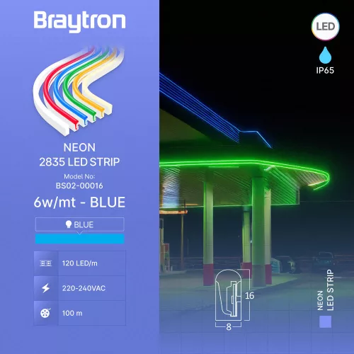 Neon Flex LED szalag 220V 6W/m Kék 350lm/m 8x16mm - Braytron