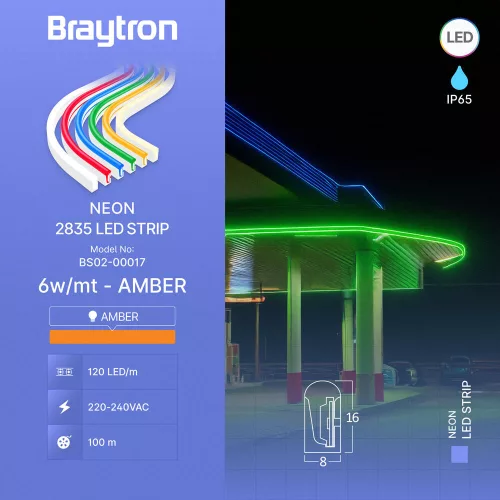 Neon Flex LED szalag 220V 6W/m Borostyán 350lm/m 8x16mm - Braytron