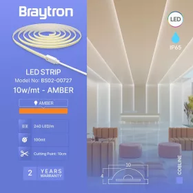 Braytron 220V-os homogén COB LED szalag IP65 vízálló kivitelben borostyánsárga fénnyel