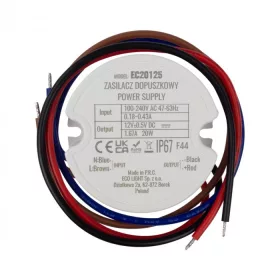 Kerek, 20W-os, IP67 vízálló LED tápegység, 60-as szerelvénydobozba építhető kivitelben