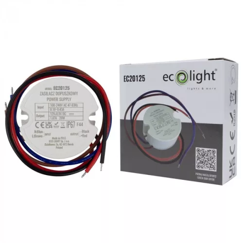 Kerek, 20W-os, IP67 vízálló LED tápegység, 60-as szerelvénydobozba építhető kivitelben