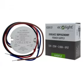 Kerek, 25W-os, IP67 vízálló LED tápegység, 60-as szerelvénydobozba építhető kivitelben