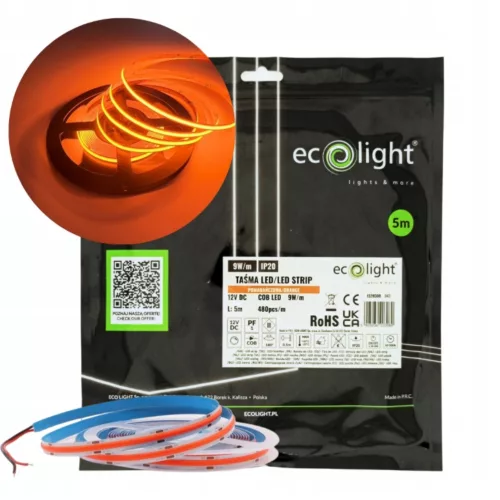 Borostyán COB LED szalag 12V 9W/m 480LED/m IP20