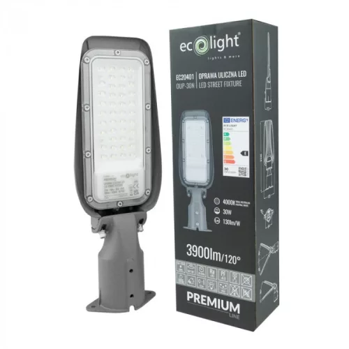 Prémium 30W-os természetes fényű LED utcai lámpa, szürke alumínium házban, 130lm/W kiemelkedő hatékonysággal és IP65 védettséggel