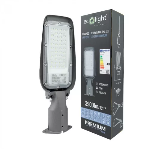 Prémium 30W-os LED utcai lámpa, szürke alumínium házban, 130lm/W kiemelkedő hatékonysággal és IP65 védettséggel