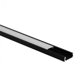 Fekete, falon kívüli alumínium LED profil 2 méteres hosszban, tejfehér fedéllel, modern és loft terekbe.