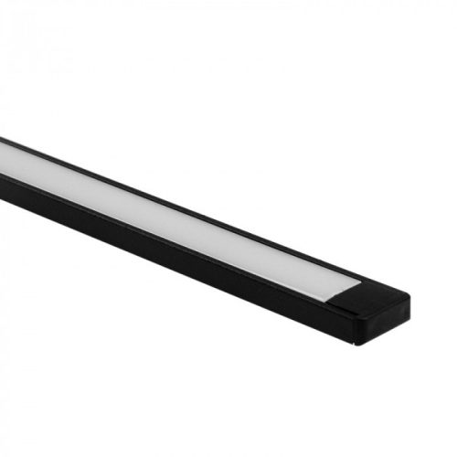 Fekete, falon kívüli alumínium LED profil 2 méteres hosszban, tejfehér fedéllel, modern és loft terekbe.